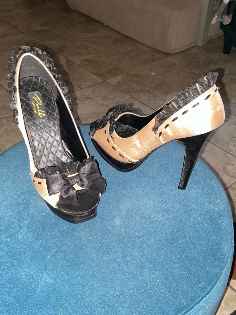 Pinup Couture Black and Gold Peep-Toe Bow Heels
